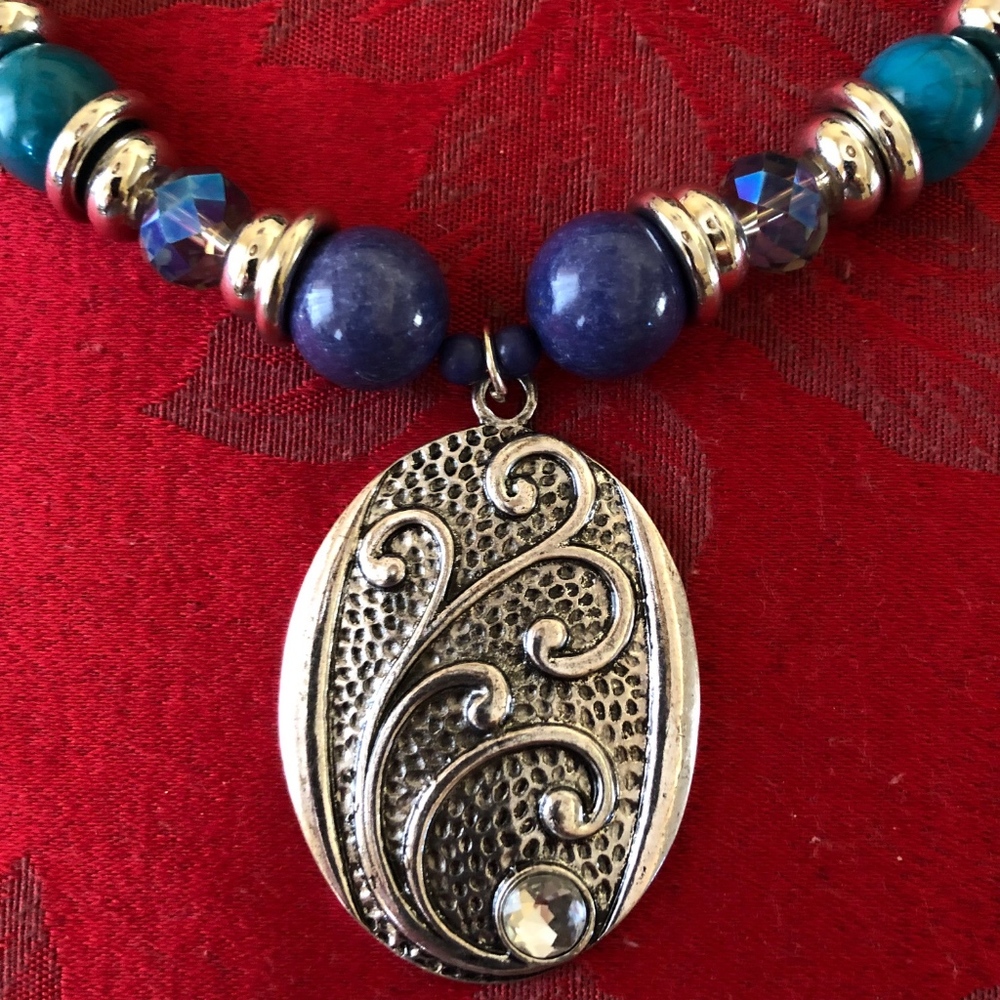 Blue Beaded Necklace with Silver Pendant
